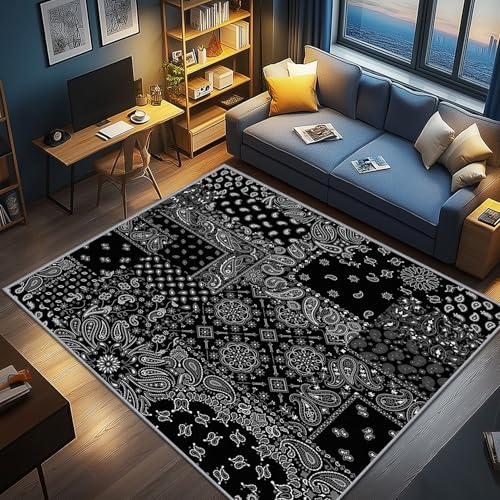 AevuCub Paisley Deko, Schwarz Weiß Teppich 50x80 Kurzflor, Kleiner Teppich Wohnzimmer Bandana, Weich rutschfest Waschbare Teppiche, Bettvorleger Schlafzimmer Kinderzimmer