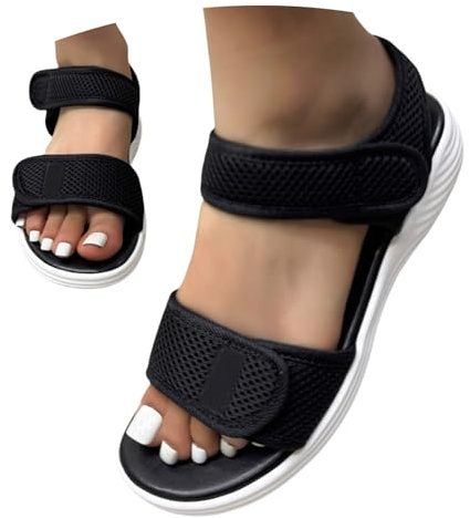 UK 6.5 Sandal for Swollen Feet Women Wide Fit Summer Slippers with Adjustable Band Breathable Mesh Sandals Ladies Hook & Loop Open Toe Shoes Comfortable Lightweight Sandles 001_Clearance Black