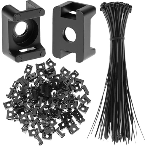QWORK 100 st skruvbara kabelhållare med 100 buntband av nylon (20 cm) – 15 x 10 x 7 mm buntbandshållare för 5 mm buntband