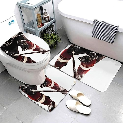3 Piece Bath Mat Set Ice Hockey Pattern U Shape Wc Toilet Rug With Rubber Backing Anti Slip Contour Mats, For Indoor, Bedroom, Floor Tub