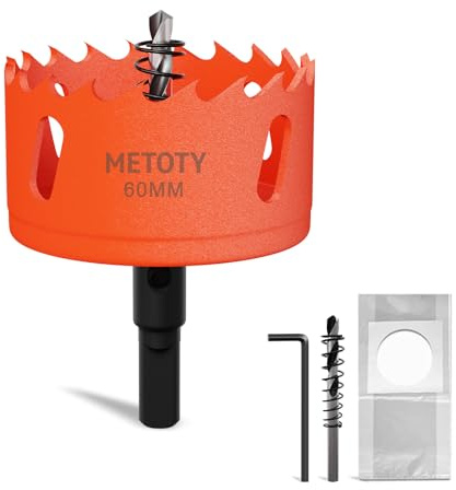 METOTY 60 mm Bimetall-Lochsäge, universelle HSS M42-Lochsägen, mit dreieckigem Schaftadapter und Zentrierbohrer, ein kostenloser Staubbeutel für Aluminium, Metalle, Kunststoffe, Acrylglas, Holz