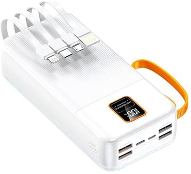 20000mAh 30000mAh Power Bank With 4 Built in Cables 120W Fast Charging 20W PD Portable Battery Charger USB C Powerbank with LED Display Stand USB-C Powerbank for all device (White, 20000 MAH)