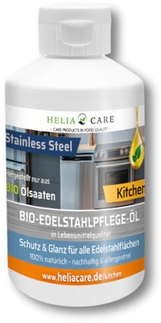 HeliaCARE BIO Edelstahl Pflegeöl - Premium Edelstahlpflege aus Deutschland - Nachhaltige Chrompolitur - 100% Biologische Edelstahlpolitur - Schützende Chrom Pflege für Küche & Bad (250 ml)