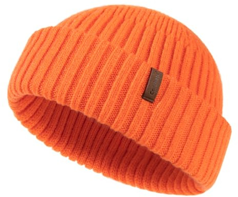 Comhats Fischer Mütze Herren Wollmütze Kurz Docker Haube Trawler Fisherman Beanie Hat Damen Merino Wolle Strick Winter Cap Großer Kopf Ski XL/XLL Orange