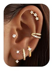 Roheafer 6 Paar Ohrringe Set für Damen Hypoallergene Chirurgenstahl Flachrücken Stecker 14K Vergoldete Huggie Creolen Ohrstecker Cartilage Helix Conch Tragus Piercings