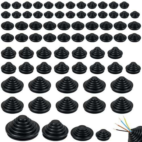 CONJURAIDE 70 Stück Kabeldurchführung Gummi, 4 Größen Schwarz Gummitülle Kabeltülle Gummi Kabeldurchführung Wasserdicht Tower Gummistopfen Kabel Durchführungen Durchgangstüllen zum Draht Kabelschutz