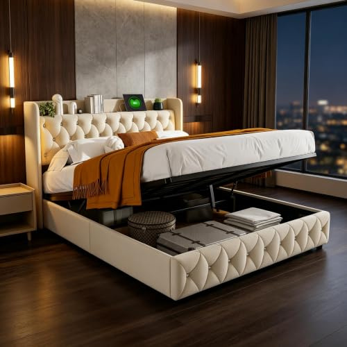 Cama de140x200cm con LED y USB, cama doble acolchada con almacenamiento, cama tapizada de140x200cm con hidráulico, marco de cama de 2 plazas con somier y cabecero de cama para 2 personas(Blanco-1)