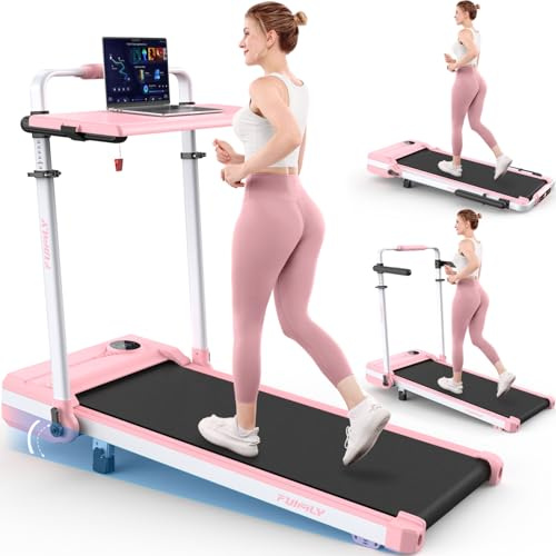 Tapis de Course Pliable Inclinable avec Bureau, Tapis de Marche Inclinaison 9%, avec Barre, Capacité 136 kg+, Bureau Réglable en Hauteur et Amovible, Compact, Moteur 3,5 CV, pour Maison/Bureau