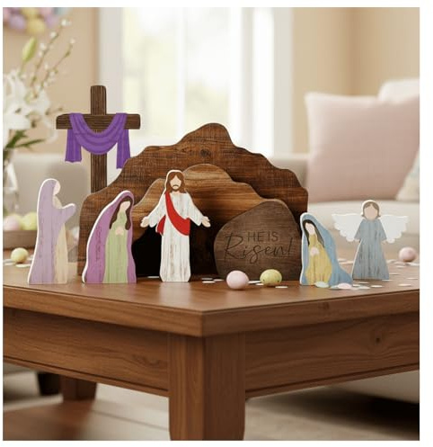 Scena pasquale con tomba vuota, scena della resurrezione in legno con croce, decorazione cristiana con scritta in lingua inglese He Is Risen, per la casa, per la casa, per la tomba di Gesù, set per