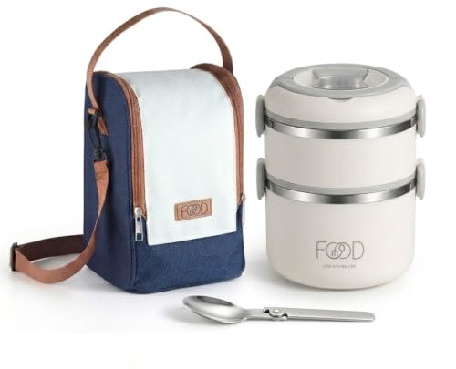 Boîte à Lunch Isotherme 2 Couches avec Sac Repas et Cuillère, 1840ml Acier Inoxydable 304, Contenant Alimentaire Portable, Sans BPA, Hermétique, Étanche avec Anneau d'Étanchéité, Grande Capacité