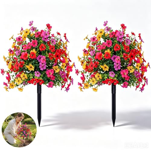Nesirooh 2 flores artificiales para exteriores con estaca de suelo, plantas artificiales resistentes a los rayos UV, flores violetas falsas para decorar patios, porches, jardines, patios