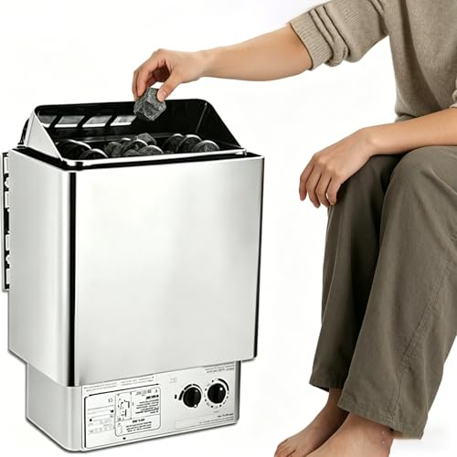 RoyceBee Elektrischer Sauna-Heizofen, Wandmontage, INOX, Temperaturregelung 0-80°C, Timer einstellbar, für Dampfbad, Sauna, Wellnesscenter, Fitness, Gewerbliche Nutzung 4.5KW