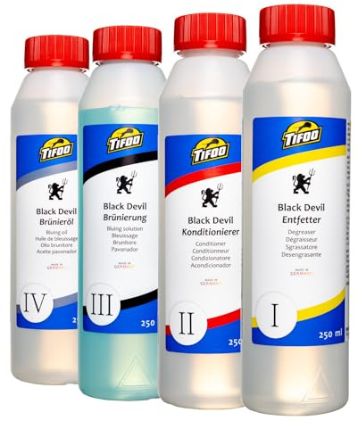 Hochwertiges Brünier-Set (4 x 250 ml) - Brüniermittel/Brünierung zum Brünieren von Stahl - Konzentrat für Kaltbrünierung und Tauchbrünierung – Schnellbrünierung zum Tauchen und Streichen
