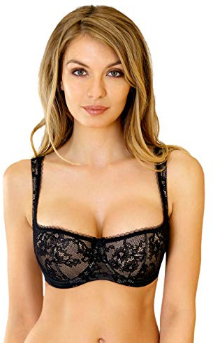 Rosme Women's Balconette Bra with Push Up Effect – Plus Size Sexy Lace Demi Half Cup Bra – Lightly Padded Underwired Low Cut Mesh Design Eliza, Black, Size 34C