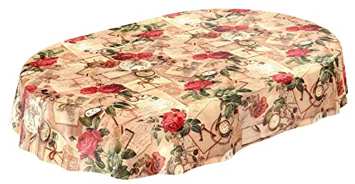ANRO Tischdecke Wachstischdecke Wachstuch Wachstuchtischdecke Landhaus Rosen Briefe Oval 140x180cm