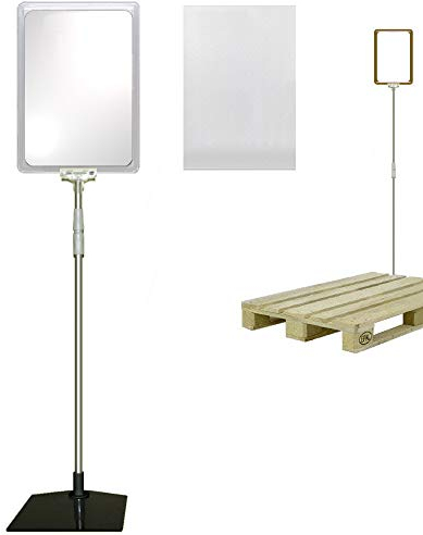 Plakatständer DIN A4 Rahmen transparent mit U-Tasche, Teleskopständer höhenverstellbar bis 1510 mm mit Teleskoprohr ALU Kunststoff Fuß eckig 160x192 mm Stahl schwarz Kundenstopper Paletten Aufsteller