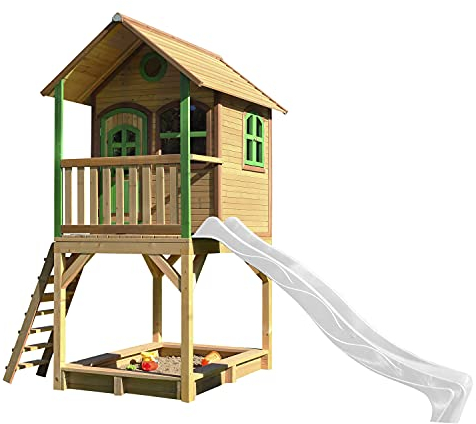 AXI Sarah Playhouse, Playhouse for Kids Outdoor, sandpit & white slide | Playhouse for the garden/outdoors in brown & green from FSC wood | Playhouse for Kids Outdoor