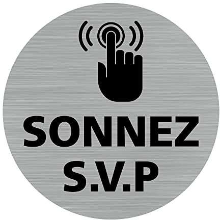 Signalétique.biz France - Plaque de porte Sonnez S.V.P (Q0453) - Diamètre 83 mm - Plaque aluminium brossé de 2mm