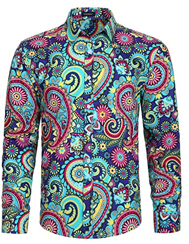 HISDERN Paisley-skjorta för män, vardaglig. blåblommig, finskjorta med knäppning och långa ärmar, udda hawaiiskjorta, L, L