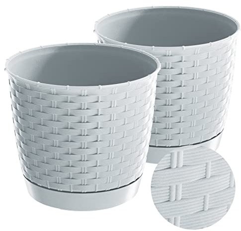 Tymar Blumentopf mit Untersetzer, 2er Set, Übertopf aus Kunststoff, Runde Rattan-Optik RR01 (Weiß, ø 30 cm)