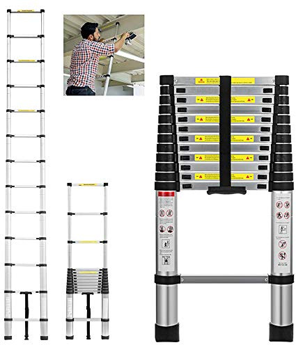 Scala Telescopica, 3.8M One Button Retrazione Alluminio Leggera Estensione Scaletta, Antiscivolo Scala Pieghevole Multiuso per Attività di Lavoro all'Aperto, Capacità 150kg
