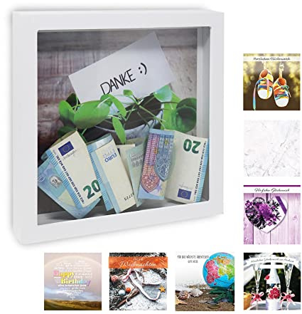 Bilderrahmen XL Spardose weiß | inkl. 8 Design-Wechselmotive | 100% Holz/Glas 22 x 22 x 3 cm