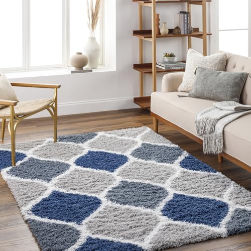 Livabliss Mostar Shaggy Berber - Flauschiger groß für Wohnzimmer, Esszimmer, Schlafzimmer, Langflor Hochflor e flauschig - 160x220 cm, Wohnzimmer in Blau, Grau und Weiß
