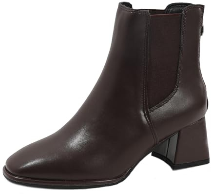 DADAWEN Bottines à Talon Carré Haut Femme Bottes Cuir Stretch -Brun Foncé 35