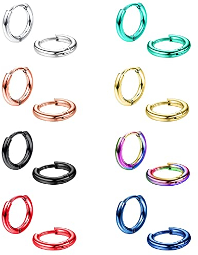 Morfetto 8 Paar Chirurgenstahl Kleine Creolen für Männer Frauen 8mm Huggie Creolen Winzige Knorpel Helix Daith Lappen Klappbare Schläfer Knorpel Ohrringe 8mm (20G)