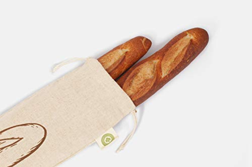 Reusable Linen Baguette Bread Bags - Set of 2 Washable Cloth Bread Bags with Drawstring Closure - Long Size - 29”x7”
