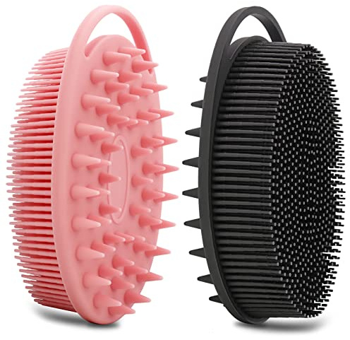 2 Pack Silicone Body Scrubber, Loofah Double-Sided Body Brush,Shower Scrubber and Scalp Massager Shampoo Brush for Sensitive Kids Women Men All Kinds of Skin (Black & Pink)