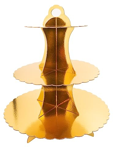 INTIRILIFE Supporto per torte in cartoncino con 3 livelli di colore oro - 29 / 21.5 / 16 x 35 cm - Supporto per torte in cartone, supporto per muffin, supporto per cupcake da montare da soli