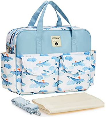 SONARIN Stilvolle Große Kapazität Baby Wickeltasche,Wasserdicht Tragbare Reise Wickeltasche Umhängetasche Tragetasche Henkeltaschen Babytasche mit Schultergurte & Wickelunterlage(Walfisch)