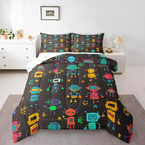Erosebridal Kawaii Bedding Set Cute Robots Quilt,Kids Boys Girls Watercolor Robot Comforter Set Twin Modern Cartoon Super Robot Toddler Duvet Insert,Colorful Kawaii Room Decor,Black