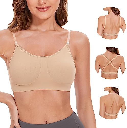 Stelle Women's Clear Strap Nude Dance Bra Wireless Invisible Low Back Unpadded Bra with Convertible Straps