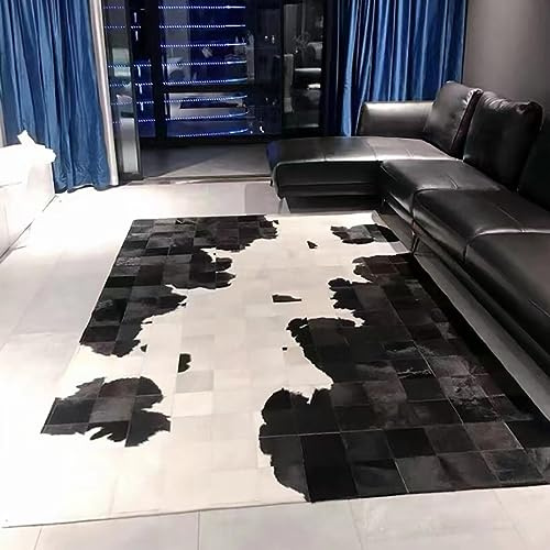 R&RENXIA Tapis en Peau de Vache Blanc et Noir Fait à la Main Patchwork en Cuir de qualité, Moderne de Haute qualité pour Salon Chambre à Coucher étude Bureau Tapis de Chevet rectangulaire,150×240cm
