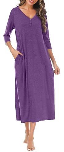Leversic Women's Long Nightdress 3/4 Sleeve Cotton Long Nightgown Button V Neck Soft Nighties Loose Fit Women’s Dressing Gown With Pockets(Purple,L)