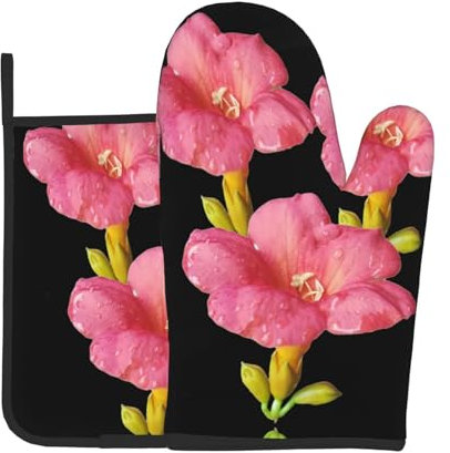 YYHHAOFA Campsis Grandiflora Ensemble de gants de cuisine et maniques épais et durables, anti-brûlure et isolant thermique