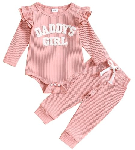 JiAmy Baby flickor outfits, nyfödda kläder set pappas flicka volang långärmad bodysuit och byxor 2 st set för 0-18 månader, Rosa, 0-3 Months