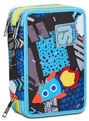 SJ Gang Astuccio Scuola 3 Zip, Blu, Go To Space, Portapenne Triplo Scomparto Completo Di Penne, Matite, Colori, Accessori Zaino, Elementari, Medie, Bambino, 30C202428-519