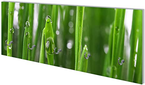 Wallario Wandgarderobe aus Glas in Größe 80 x 30 cm mit Memoboard-Funktion, Motiv: Wassertropfen an Grashalmen | 5 Kleiderhaken zum Aufhängen von Jacken
