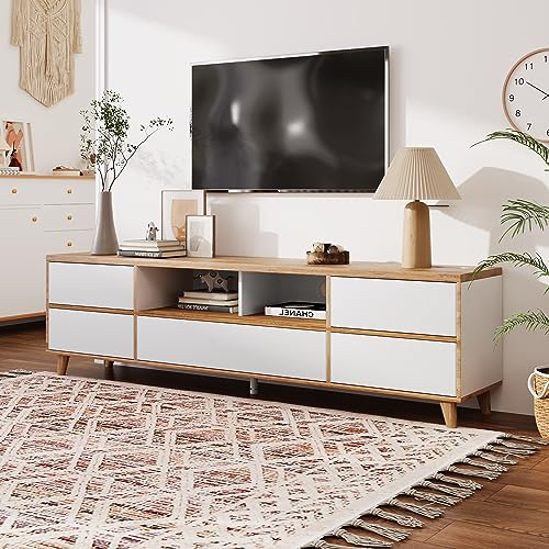 Moimhear TV-Schrank, Lowboard, Wohnzimmermöbel in Weiß und Holzfarben. Fächern und Türen im natürlichen Landhausstil.