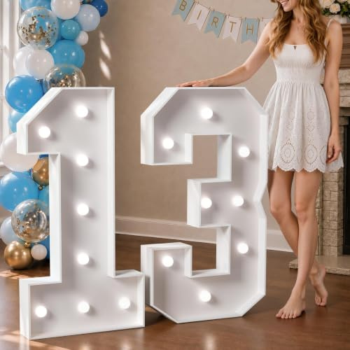 imprsv Light Up Numbers 3FT Large 13th Birthday Decorations Anniversary Decorations Party Decor Neon Sign Foam Board Marquee Numbers 13 Balloon Arch Backdrop
