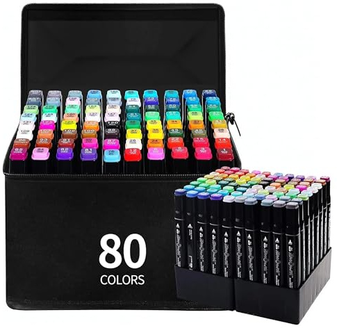 Set di pennarelli ad alcool - 48, 60, 80, 120, 168 colori - Penne artistiche bifacciali con punta fine e a scalpello per artisti e designer - Impermeabili, sfumabili e con pratica custodia per riporli