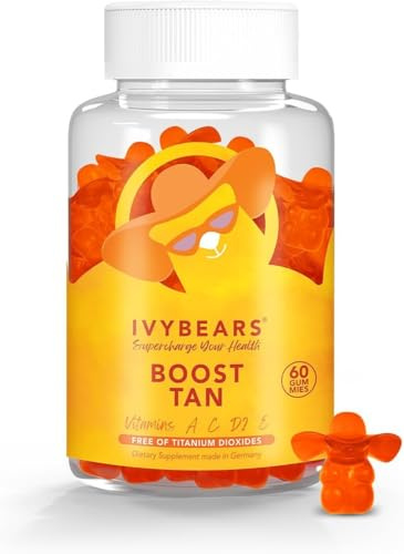 Glow Tanning Gummibärchen – Strahlende Sonnenbräune von innen – mit Beta-Carotin und Vitaminen A, C, D2 & E – Vegan & Made in Germany – Unterstützt natürliche & gesunde Bräune – 60 Stück – IVYBEARS®