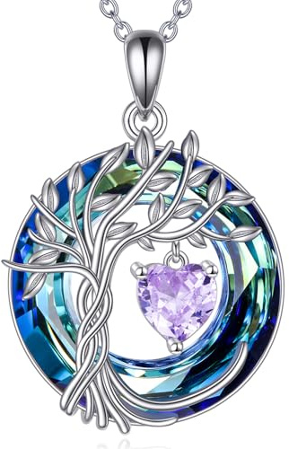 Livets trädkedja för kvinnor 925 sterlingsilver månadssten hänge kedja med kristall årsdag födelsedag jul bröllop smycken för kvinna syster, Sterlingsilver, Kubisk zirkoniumdioxid
