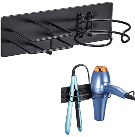 LOXSUN Hair Dryer And Straighteners Holder, Hairdryer Holder Station Wall Mounted & Adhesive, Hair Straightener Holder for Bathroom Salon Dressing Table, Hair Tool Organiser for Curling Iron (Black)