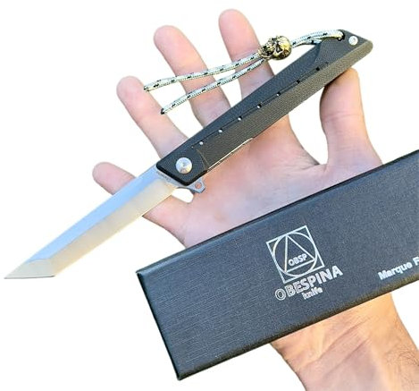Obespina Cimonium Couteau Pliant Lame Tanto Acier D2 Haute Qualité Perle EDC Tête Mort Collection Cadeau Homme Camping Marque Française Tranchant Rasoir Extérieur LinerLock Roulement Bille G10