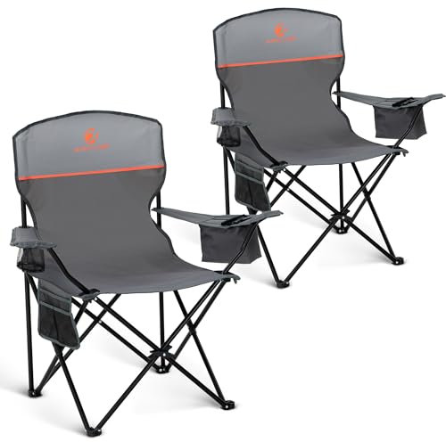 ALPHA CAMP Set of 2 Folding Camping Chairs with Cooler Bag & Cup Holder & Side Pocket Up to 120kg, Lightweight and Portable Camping Chair for Adults, Grey