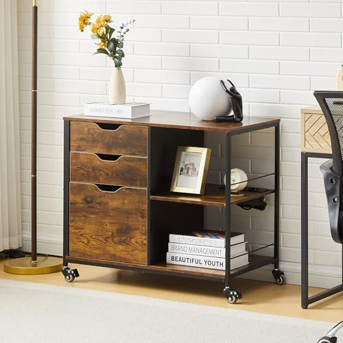 TUKAILAI Armario con ruedas de madera, archivador con 3 cajones y 2 compartimentos abiertos, armario de oficina con archivador colgante, armario para impresora con ruedas, 75 x 40 x 65,5 cm (marrón